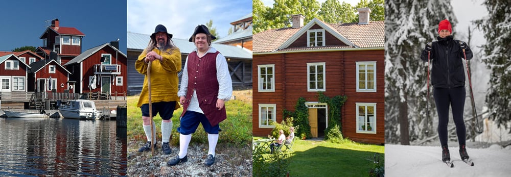 Collage av fyra bilder på hus i skärgården, två män i historiska kläder, gammal rödmålad gård och kvinna som åker skidor.