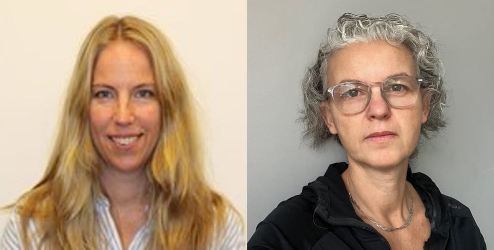 Två porträtt bredvid varandra. Till vänster syns en kvinna med långt, blont hår. Hon ler och har på sig en ljus blus. Till höger syns en kvinna med kort, lockigt grått hår och glasögon.