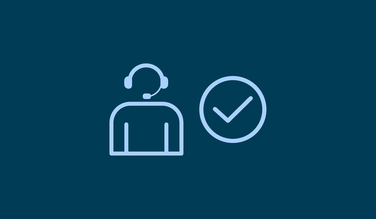 symbol, person med headset och bredvid en cirkel med en bock i.