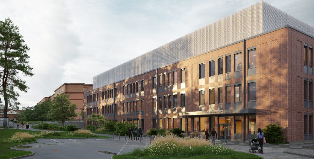 Bilden visar en arkitektillustration av färdiga hus 63 på Gävle sjukhus. Byggnaden kommer att rymma en ny akutmottagning och ett samlat flöde för förlossning, BB och neonatalvård. 