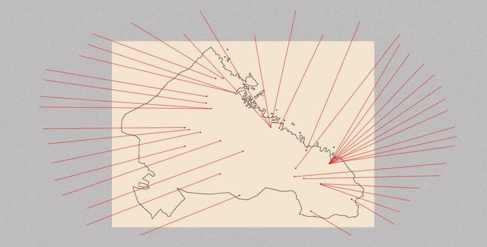 Illustration Gävleborgs län liggande med röda streck för överallt där det finns rum för konst.