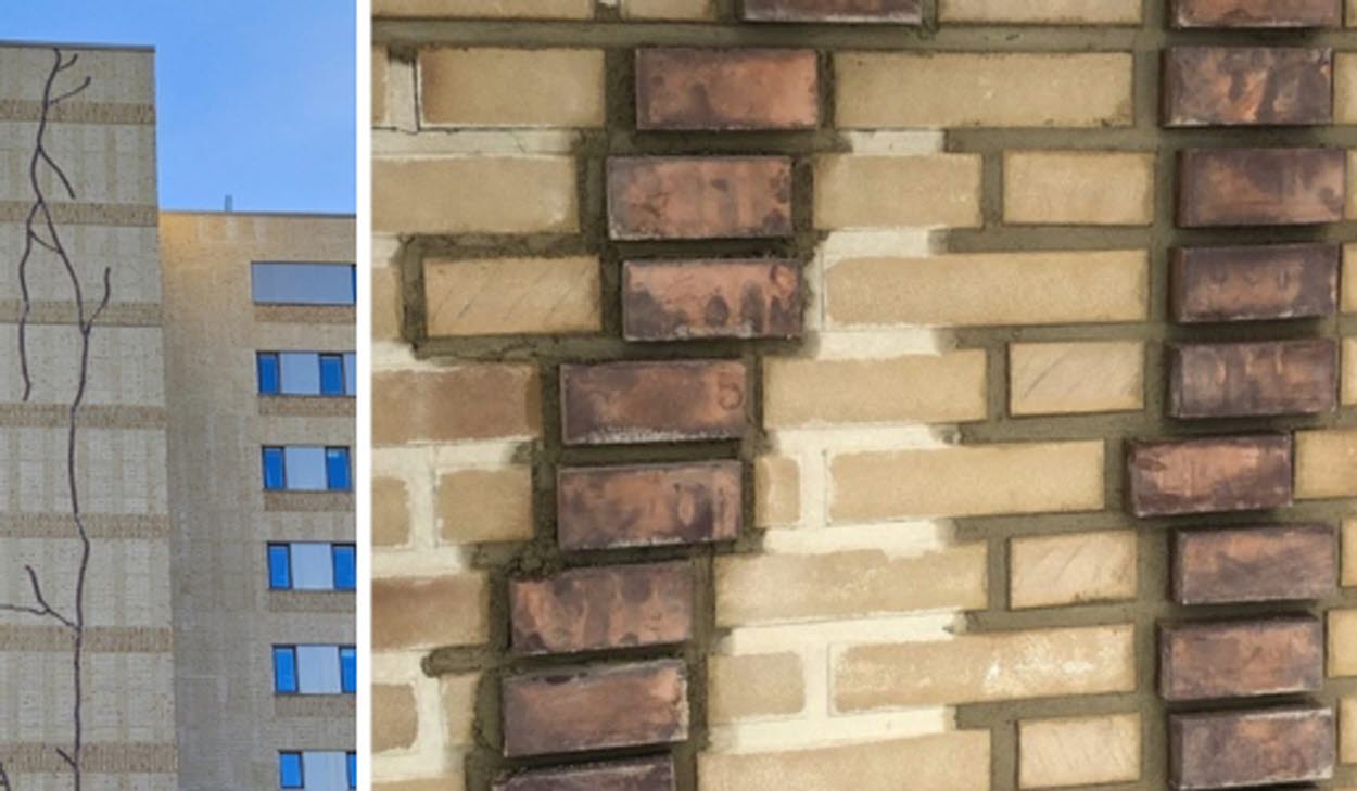 Konstnärlig gestaltning av södra fasaden på Hus 60 vid Gävle sjukhus Gavel Å som sträcker sig över hela fasadens yta och bildar ett mönster av flöden, förgreningar och sammankopplingar – både organiska och arkitektoniska.