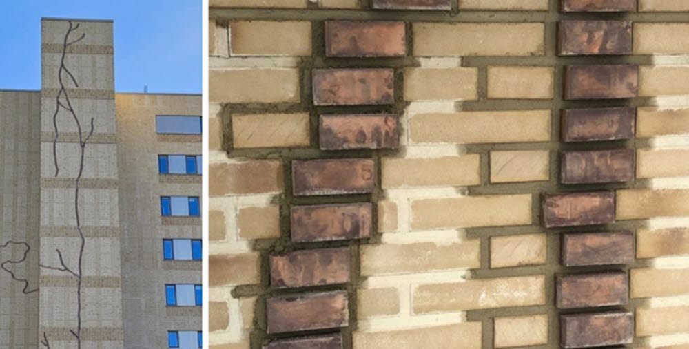 Konstnärlig gestaltning av södra fasaden på Hus 60 vid Gävle sjukhus Gavel Å som sträcker sig över hela fasadens yta och bildar ett mönster av flöden, förgreningar och sammankopplingar – både organiska och arkitektoniska.