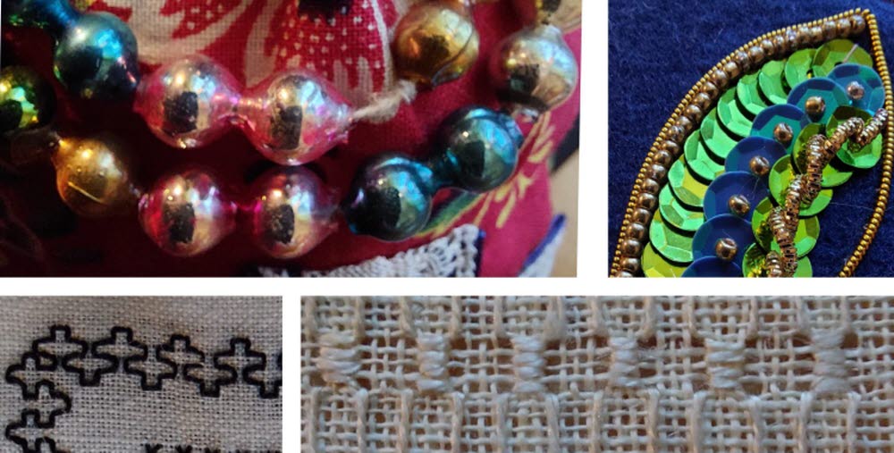 Kollage av fem olika broderier