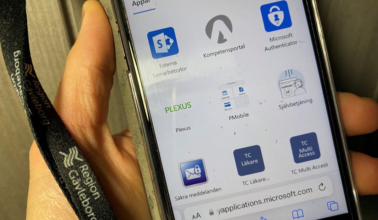 Mobil där man ser MyApps med ikoner för bland annat Plexus och Pmobile.