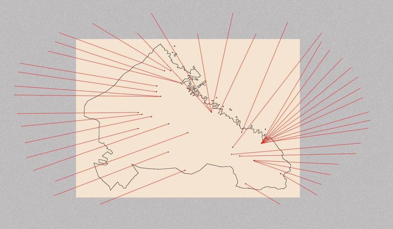 Illustration Gävleborgs län liggande med röda streck för överallt där det finns rum för konst.